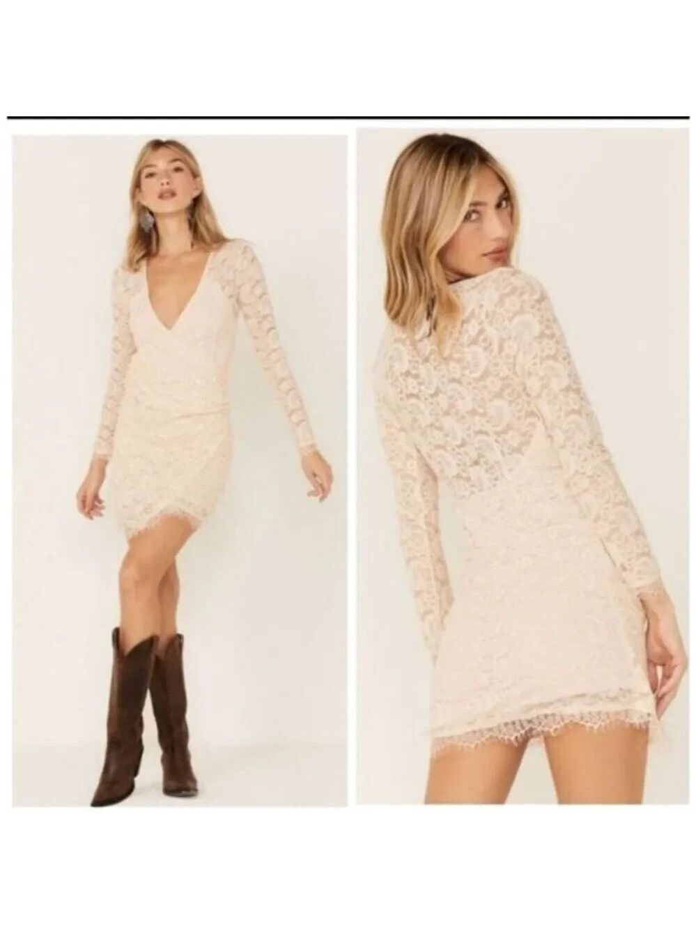 FREE PEOPLE WOMEN'S PEARL LACE LONG SLEEVE MINI DRESS